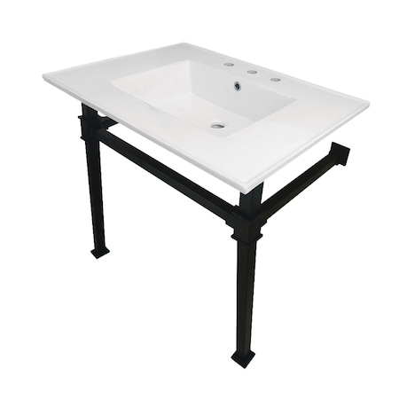 Kingston Brass KVPB31228Q0 31-Inch Ceramic Console Sink (8" Faucet Drilling), White/Matte Black KVPB31228Q0